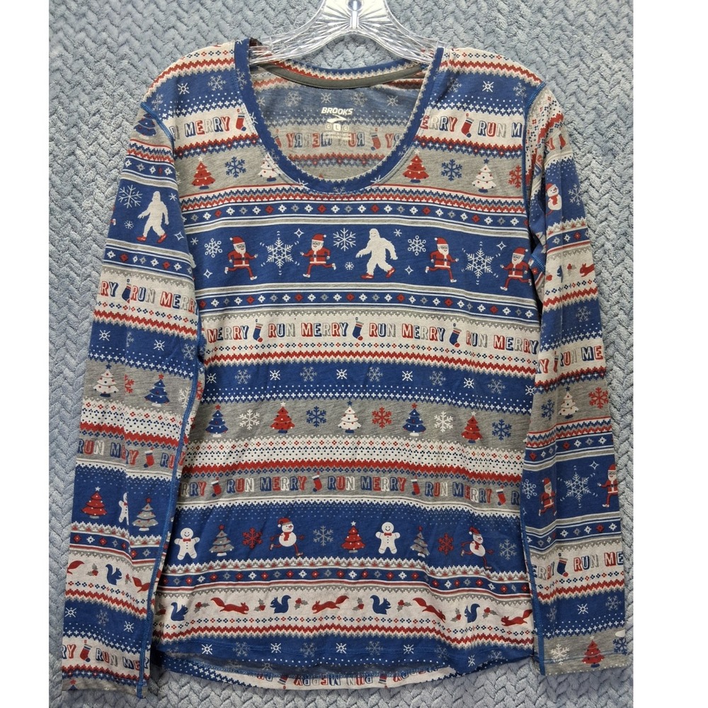 Brooks Run Merry Holiday Long Sleeve Running Shirt Santa Yeti Blue Gray Large